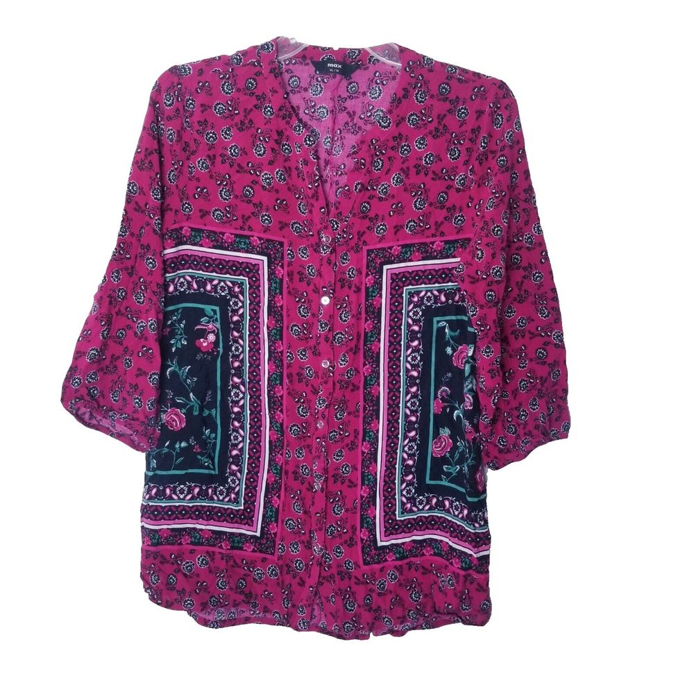 Max Shirt Women Size XL/16 Red Black Floral Button